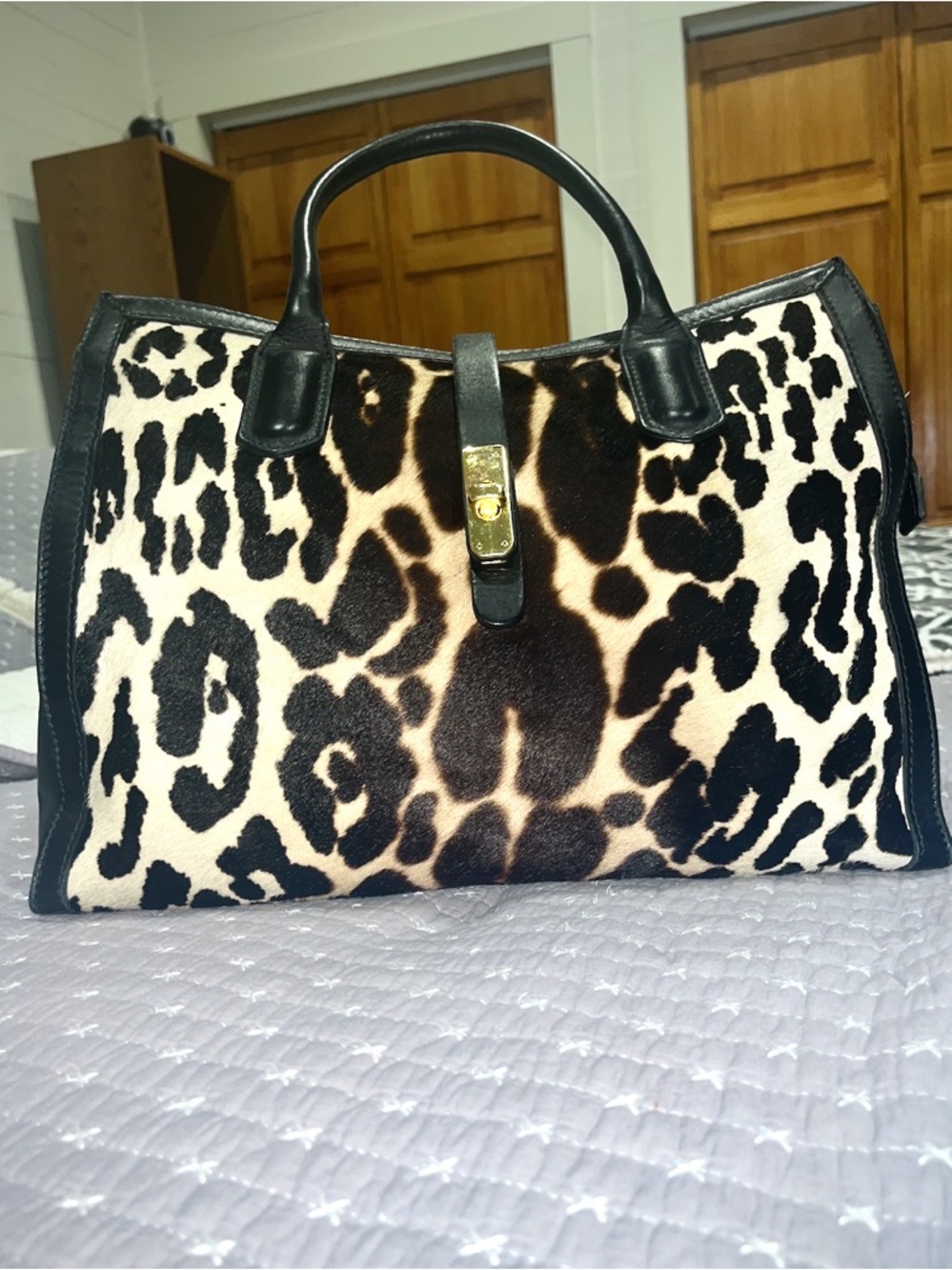 Cavalcanti Structured Leather Leopard Calf Hair Satchel